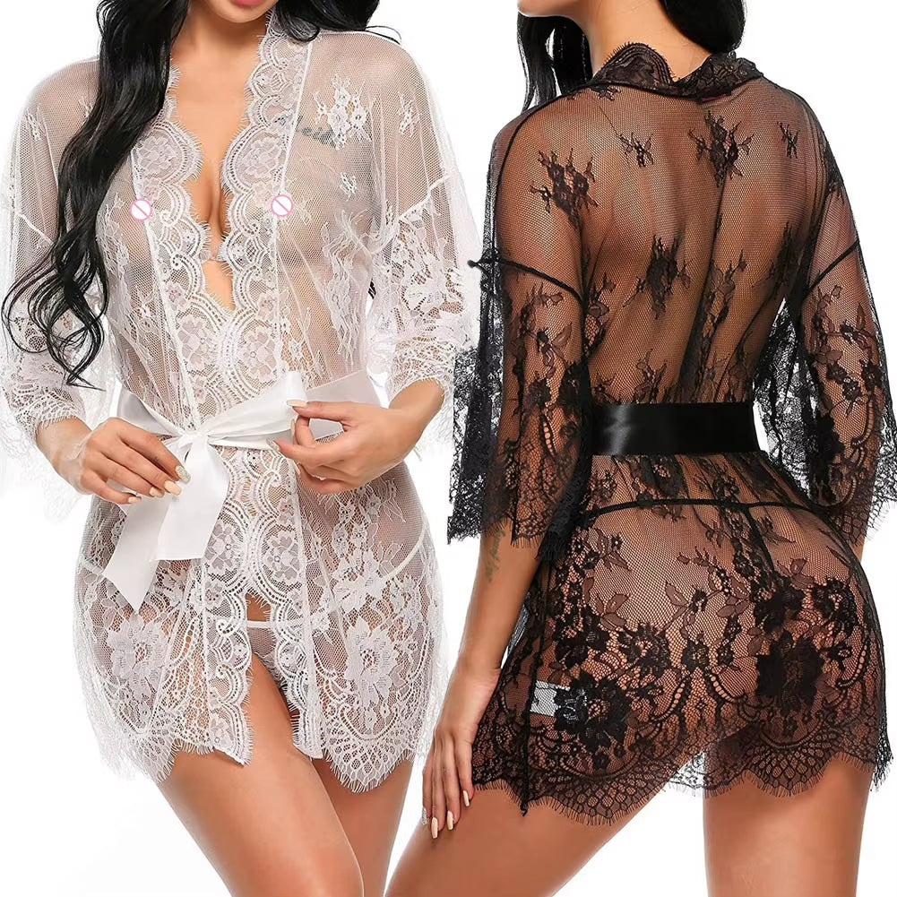 New Sexy Women Lingerie Lace Ruffles Robe See-Through Babydoll Underwear Sleepwear Night Dress Erotic Sex Clothes