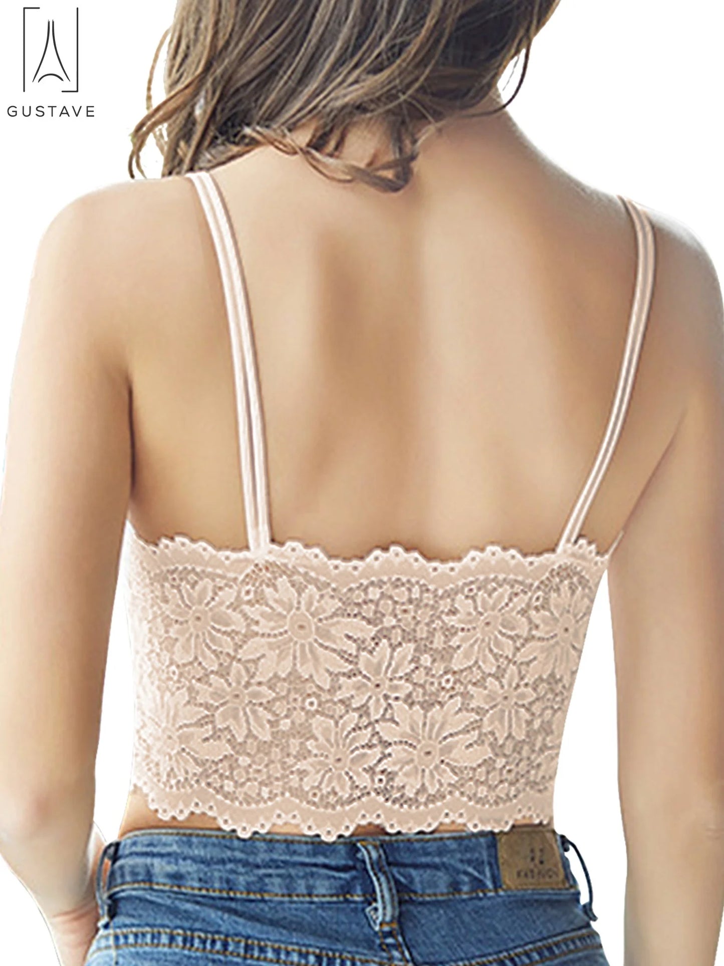 Women Sexy Lace Padded Camisole V Neck Crochet Bralette Half Bra Spaghetti Strap Crop Tops Vest "Apricot, M"