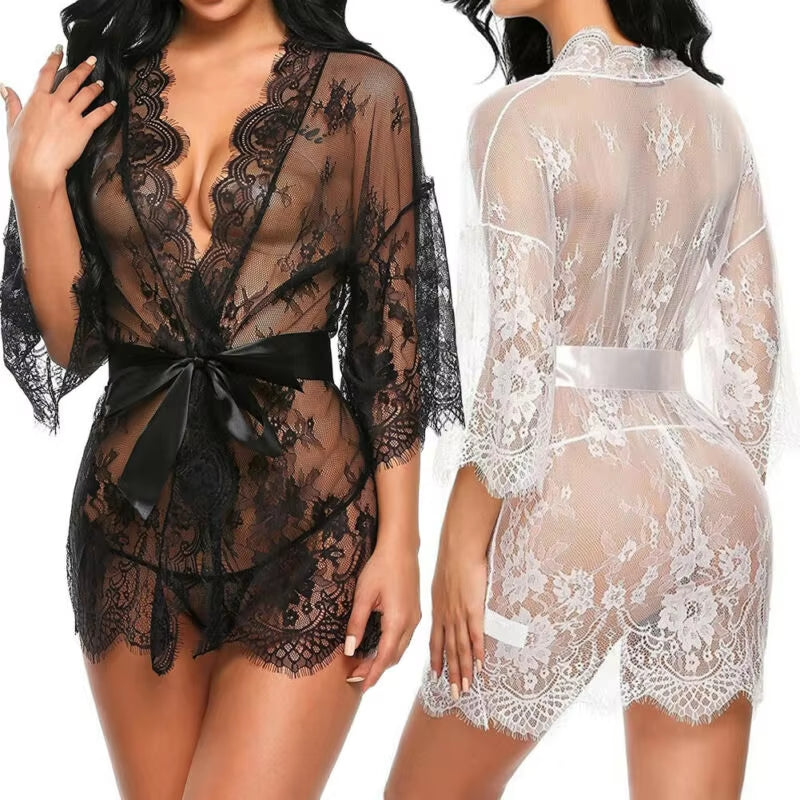 New Sexy Women Lingerie Lace Ruffles Robe See-Through Babydoll Underwear Sleepwear Night Dress Erotic Sex Clothes