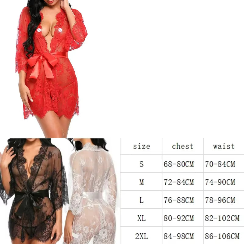 New Sexy Women Lingerie Lace Ruffles Robe See-Through Babydoll Underwear Sleepwear Night Dress Erotic Sex Clothes